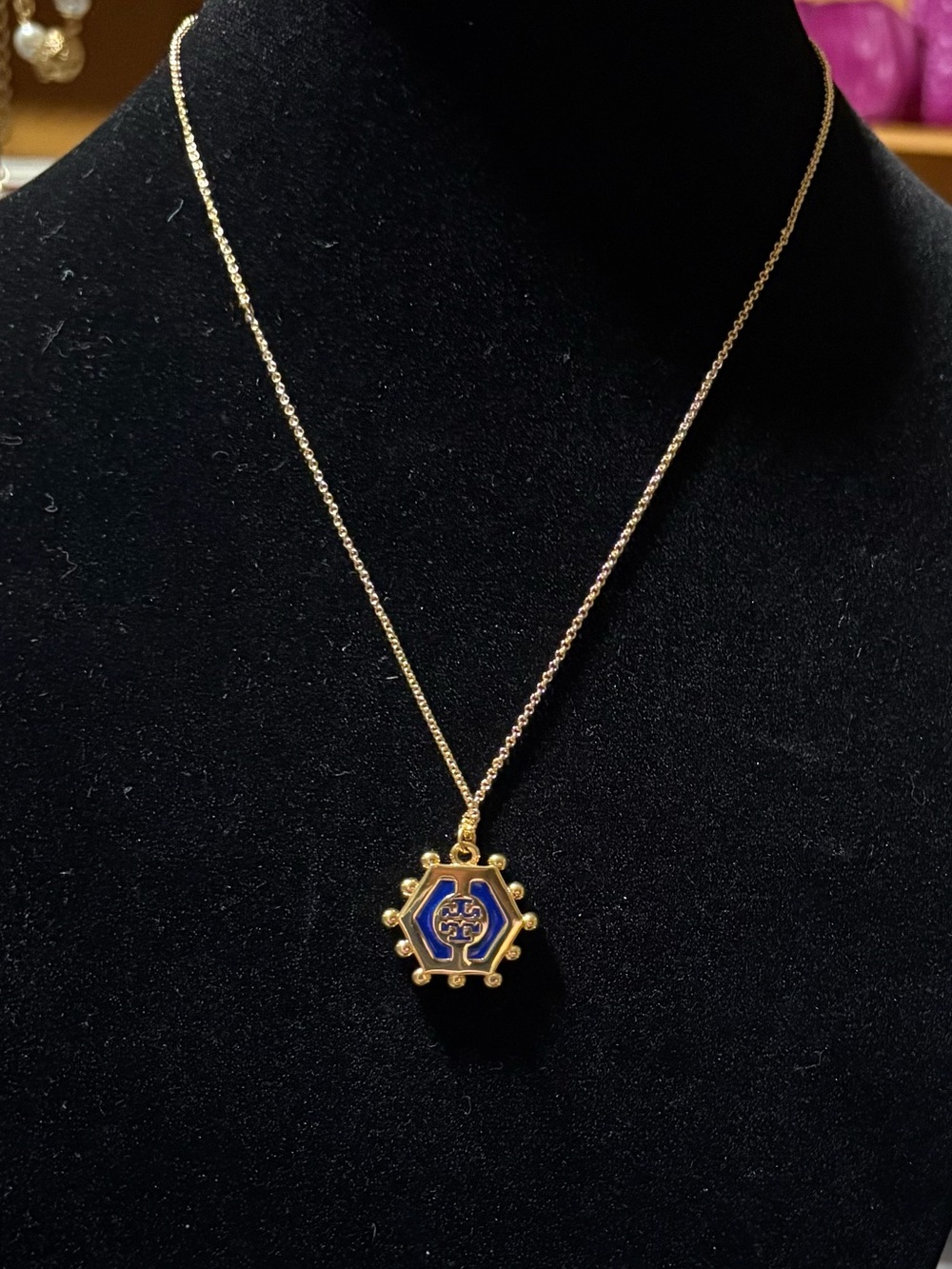 Tory Burch Gold-Tone and Blue Enamel Pendant Necklace and Earrings Set